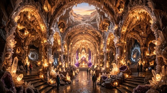 Enchanting crystal cave palace interior with glowing light