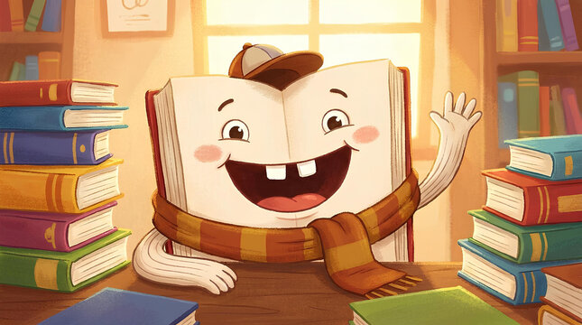 Friendly cartoon book character waving in library setting.