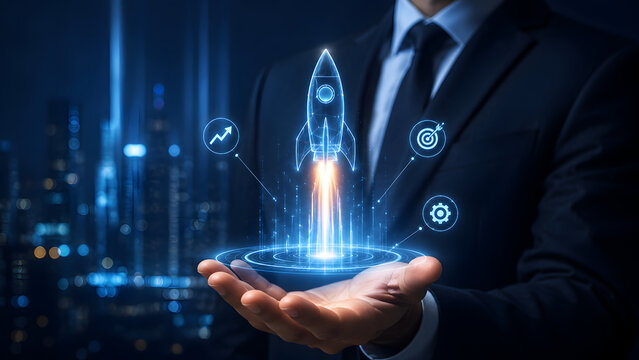 Businessman hand holding glowing blue digital rocket on circular pad with icons. Concept of business startup launch, and technology growth.