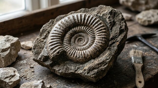 Ancient seashell fossil embedded in rock