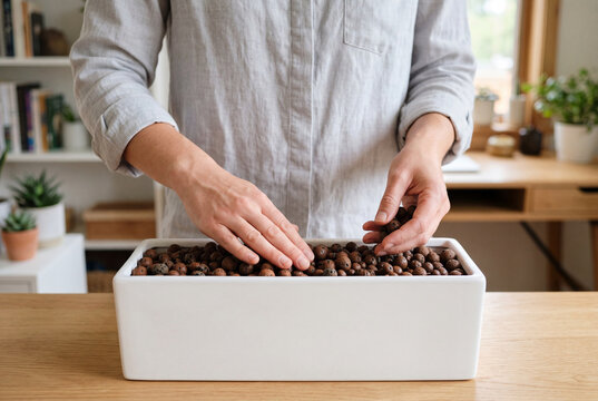 Person placing brown expanded clay pebbles into a white rectangular ceramic planter