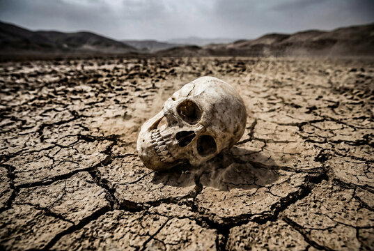 Weathered human skull resting on dry cracked desert earth