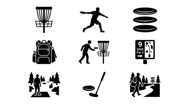 Disc golf equipment and player silhouettes icon set.