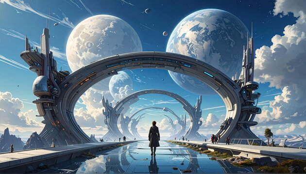 Futuristic Circular Portal Architecture Overlooking Distant Planets