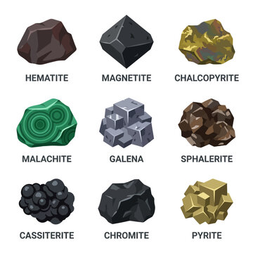 Educational geological mineral ore and rock specimen icons.