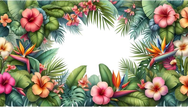 Fresh Exotic Jungle Background with Copy Space Menu Border Made of Tropical Leaves & Flowers. Watercolor For Summer Vibes Greeting Cards Posters Banners Placards Cafe Coffee Shop Hawaii Bar Restaurant