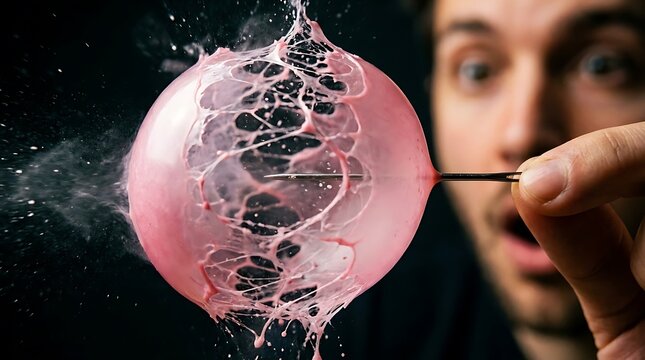Man popping a pink balloon with a needle in extreme slow motion detail