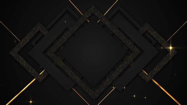Black geometric diamonds overlap around an open center, accented by fine gold lines, dotted panels, and bright flares, creating an elegant luxury frame for titles, awards, branding, and event visuals.