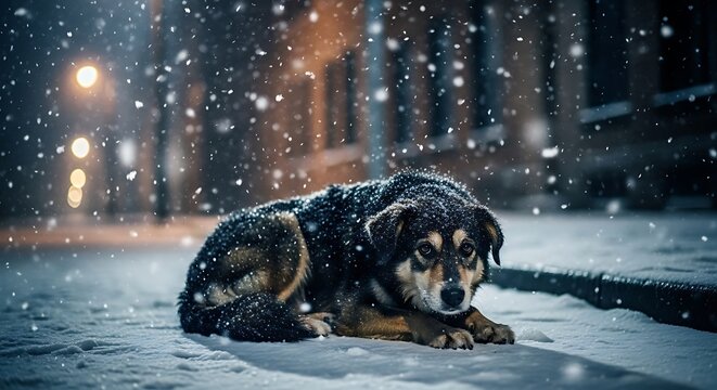 Lonely stray dog lying on a snowy sidewalk at night