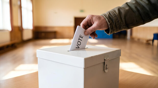 Hand dropping paper ballot into white voting box