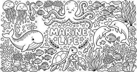 Fototapeta premium Vita marina acquario cartone animato contorno disegnato a mano Line Art illustrazione doodle art pagina da colorare per bambini