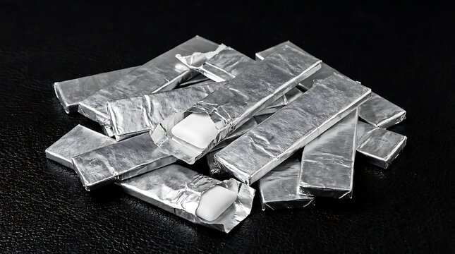 Pile of silver foil wrapped chewing gum sticks on a black background