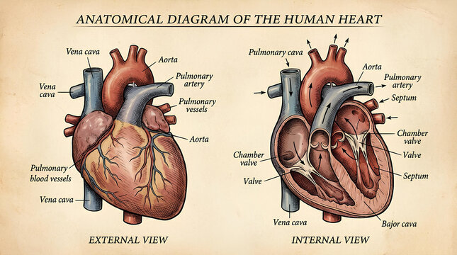 Human heart anatomical diagram with internal and external views.
