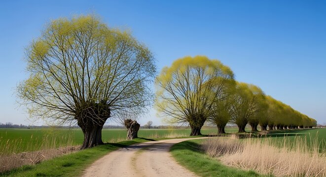 Leafy Pollard Willow Trees Lining Curved Dirt Road in Spring Countryside