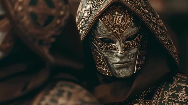 Europe medieval lifestyle. A closeup of a person wearing ornate, silver and gold armor with intricate designs and patterns. The persons face is partially obscured by a hooded cloak.