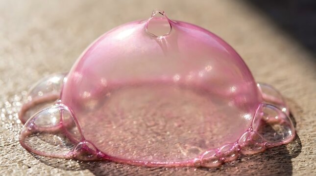 Pink iridescent soap bubble glistening on textured ground, macro close-up.