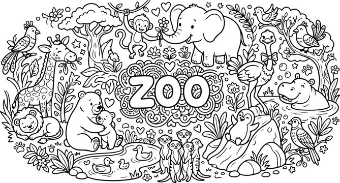 Illustration d'animaux du zoo dessin&eacute;e &agrave; la main, style dessin au trait, &agrave; colorier pour enfants