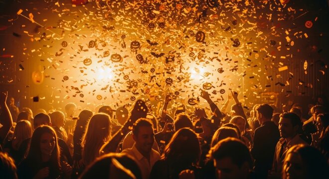 A lively Halloween party scene with a crowd of diverse young adults celebrating. Colorful confetti falls from above, illuminated by bright orange lights.