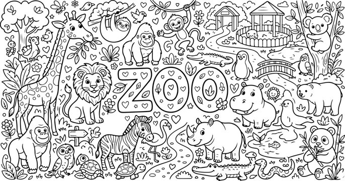Illustration d'animaux du zoo dessin&eacute;e &agrave; la main, style dessin au trait, &agrave; colorier pour enfants