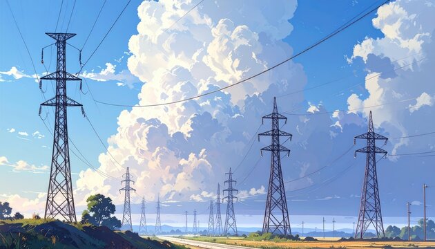 Majestic Power Lines Stretching Across Open Landscape Under Blue Sky