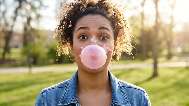Portrait of a young woman blowing a bubble with pink gum outdoors