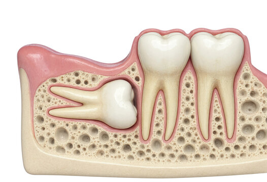 Anatomical Model of Human Jawbone Showing Impacted Wisdom Tooth Beneath Gum Tissue