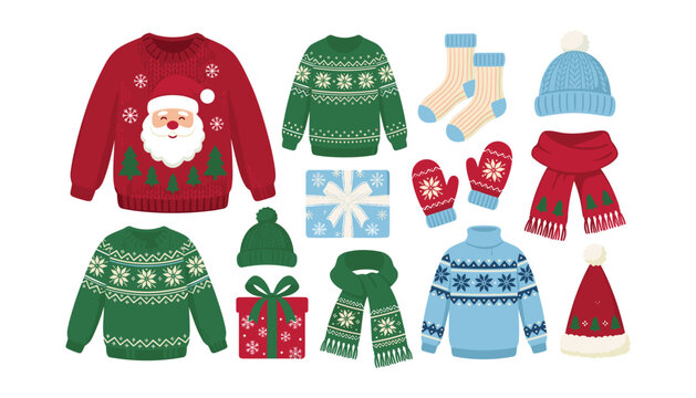 Christmas ugly sweater winter clothes vector illustration set featuring cozy knitwear socks mittens hats and scarves holiday design elements