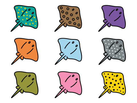 Colorful stingray vector set with various spotted marine species