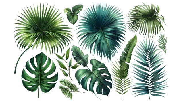 Tropical Watercolor Leaf Collection Featuring Lush Jungle Plants. Green Palm Fronds, Monstera Foliage, and Coconut Tree Branches Ideal for Summer frames and Vintage Floral Compositions.