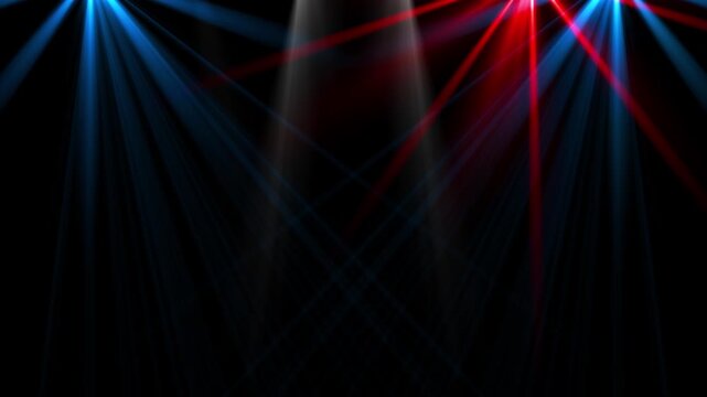 Blue, red, and white stage beams sweep across a midnight background, forming dramatic crossing rays with open center space for concerts, dance shows, performances, music events, and theatrical scenes.