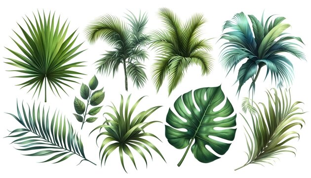 Tropical Watercolor Leaf Collection Featuring Lush Jungle Botanical Foliage Plants. Green Palm Fronds, Monstera Foliage, and Coconut Tree Branches Ideal for Summer frames & Vintage Floral Compositions