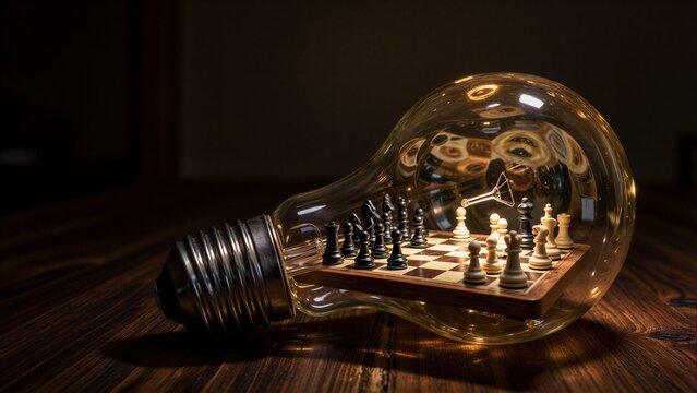 Chess game inside glowing light bulb, symbolizing strategic thinking and innovation.