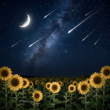 A breathtaking night landscape featuring a vibrant field of sunflowers blooming under a starry Milky Way galaxy and a glowing crescent moon with falling shooting stars
