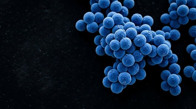 Blue spherical bacteria staphylococcus aureus microscopic view under electron microscope on black.