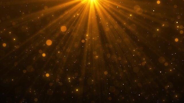 Golden rays stream downward from a brilliant top light while floating bokeh and small sparks fill dark amber space, creating a warm celestial background for celebrations, worship, awards, and reveals.