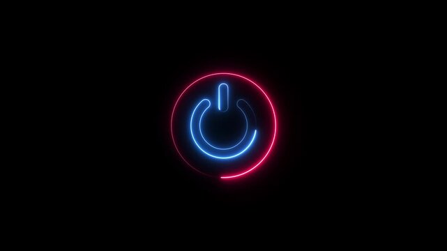 Neon glowing power button icon animation. Neon light power button turning on and off 4k video. neon Power Button icon on the black background.