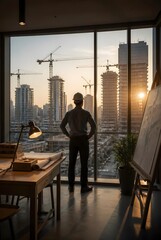Fototapeta premium Architect Standing Desk Looking at Construction Cranes