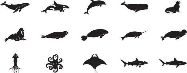Collection of marine mammal and ocean animal silhouettes isolated. Black icon silhouette vector © MDROBIUL