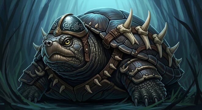 Fantasy warrior turtle in detailed leather and metal armor