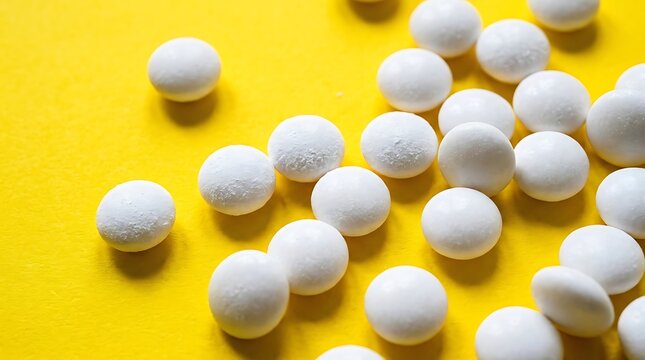 White round pills scattered on a bright yellow background surface