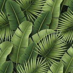Lush green tropical banana and palm leaf background pattern © Nobasa