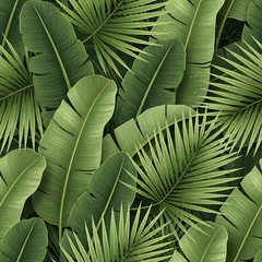 Lush green tropical banana and palm leaf background pattern © Nobasa