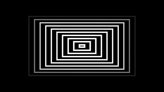 abstract geometric square tunnel animation with looping white line frames creating infinite perspective optical illusion on black background seamless motion graphic