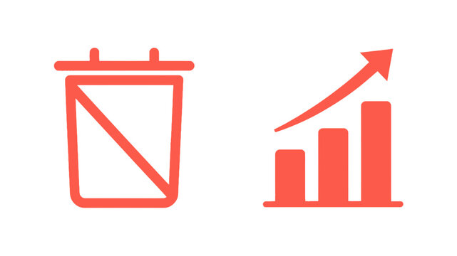 Red Outline Waste Bin and Growth Analytics Icons for Data Cleanup and Progress