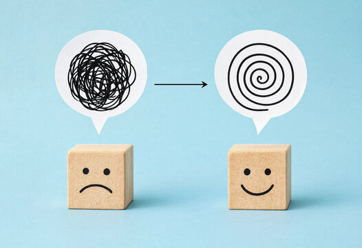 Creative Visual Metaphor of Stress to Calmness Using Wooden Cubes, Arrows, and Simplified Line Icons