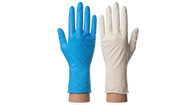 Gloves made of latex and nitrile are displayed side by side on synthetic stands to show the difference in material texture and color.