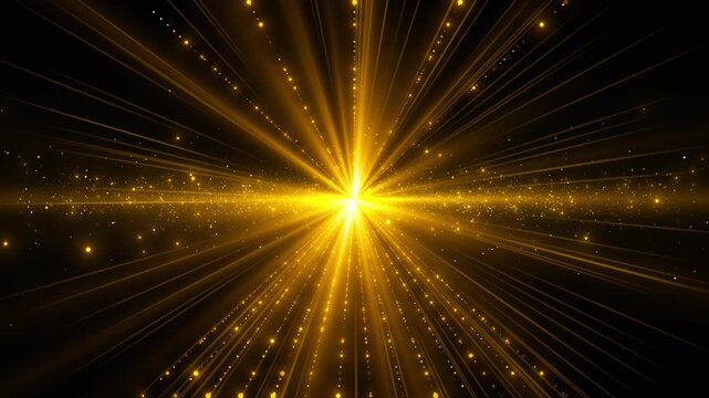Brilliant golden rays explode from a white middle point as sparkling particles spread across deep darkness, creating a powerful cinematic burst for celebrations, awards, openings, and radiant reveals.