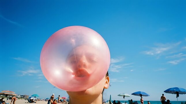 Young woman blowing a large pink bubble gum sphere on a sunny beach