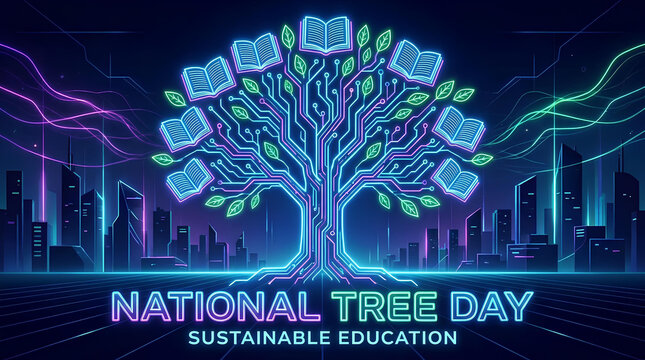 National tree day neon digital tree in futuristic city.