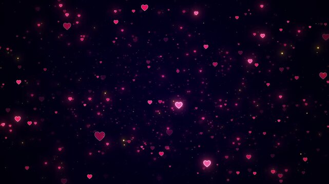 Pink and red hearts float through a deeper starry background with soft glow and golden sparks, creating a romantic visual for Valentine greetings, weddings, anniversaries, proposals, and love stories.